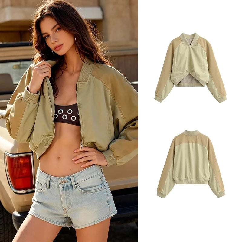 Women’s Washed Bomber Jacket – Loose Stand Collar Zip-Up Coat