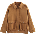 Women’s Suede Cropped Bomber Jacket – Chic Long Sleeve Outerwear