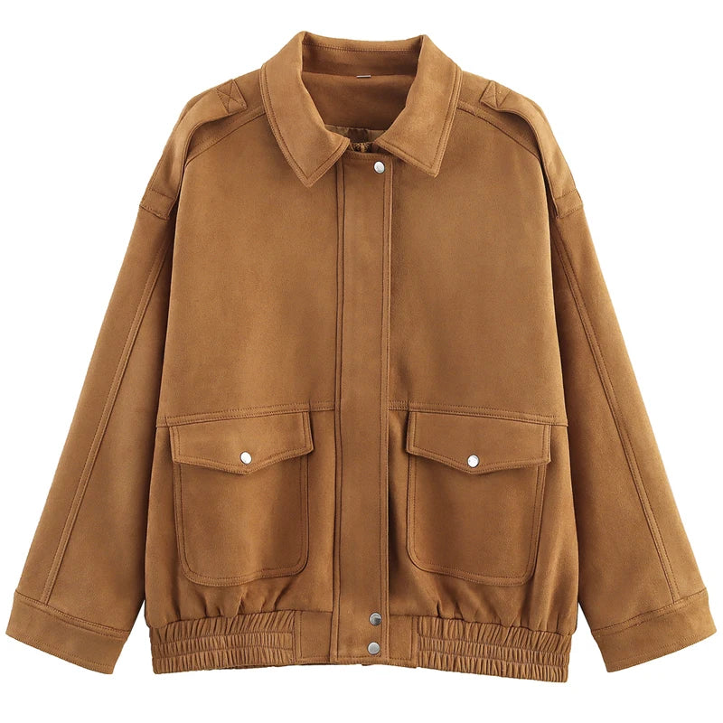 Women’s Suede Cropped Bomber Jacket – Chic Long Sleeve Outerwear
