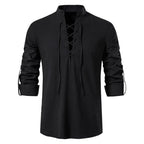 Men’s Cotton Linen Drawstring Shirt – Vintage Long Sleeve Casual Top