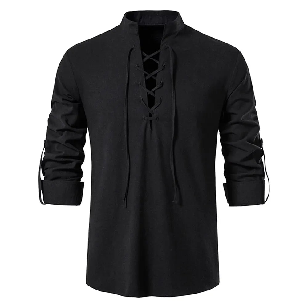 Men’s Cotton Linen Drawstring Shirt – Vintage Long Sleeve Casual Top