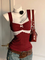 Y2K Lace Bow Patchwork Vest – Women’s Summer Versatile Top