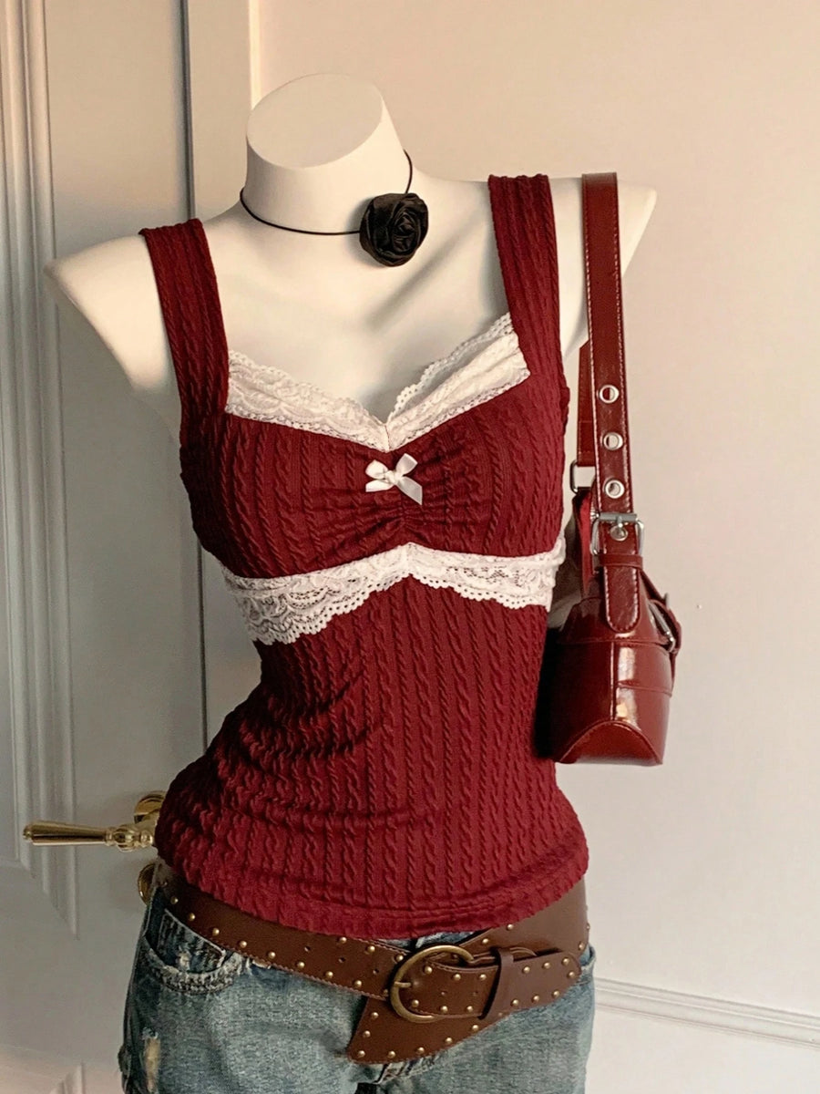 Y2K Lace Bow Patchwork Vest – Women’s Summer Versatile Top