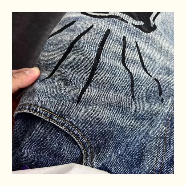 Men’s Flame Skull Print Jeans – Baggy Streetwear Denim Pants