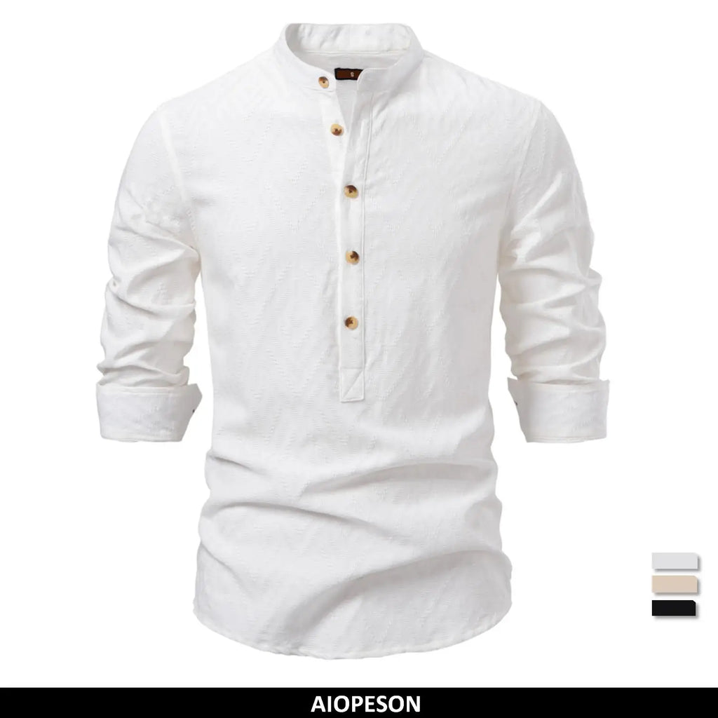 Men’s 100% Cotton Half-Button Shirt – Solid Color Casual Long Sleeve Top