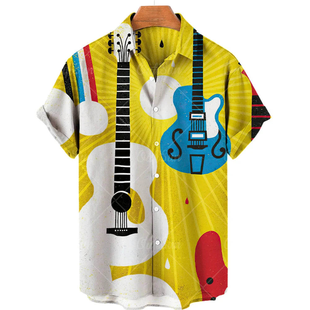 Men’s 3D Musical Note Print Shirt – Short Sleeve Open Front Casual Top