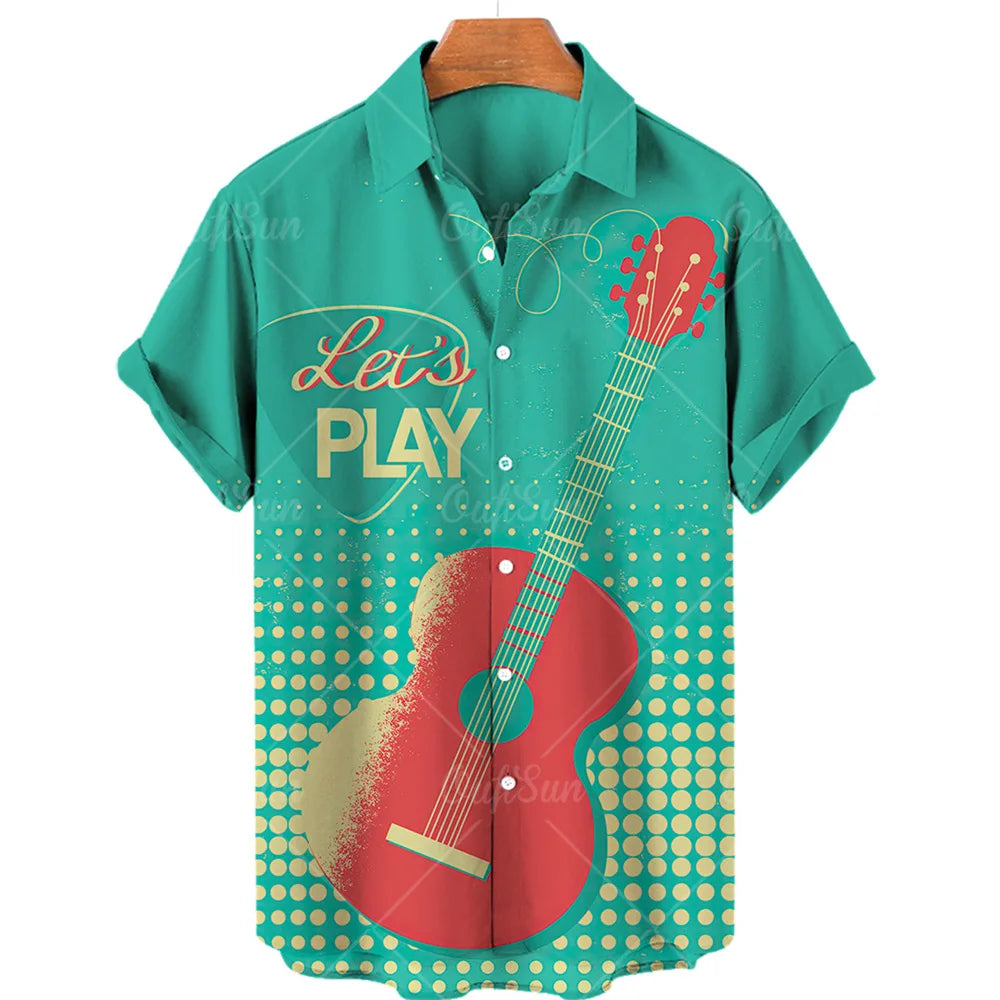 Men’s 3D Musical Note Print Shirt – Short Sleeve Open Front Casual Top