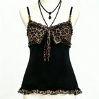 Vintage Leopard Lace Patchwork Cami – Women’s Y2K Sleeveless Summer Top