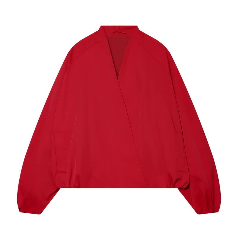Women’s Red Pilot Jacket – Loose Fit Autumn Chic Outerwear