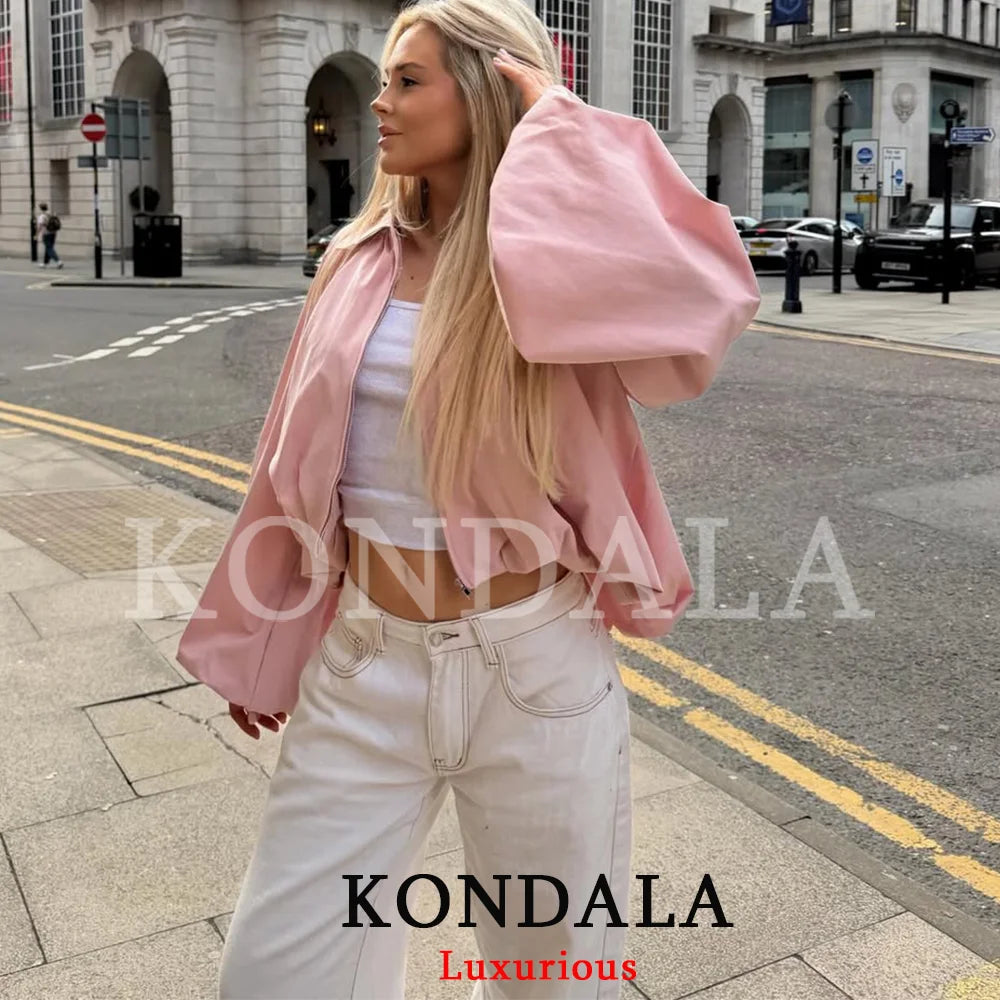 Women’s Pink Lantern Sleeve Bomber Jacket – Chic Zip-Up Spring Coat