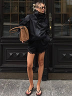 Women’s Satin Stand Collar Jacket – Loose Fit Drawstring Hem Coat