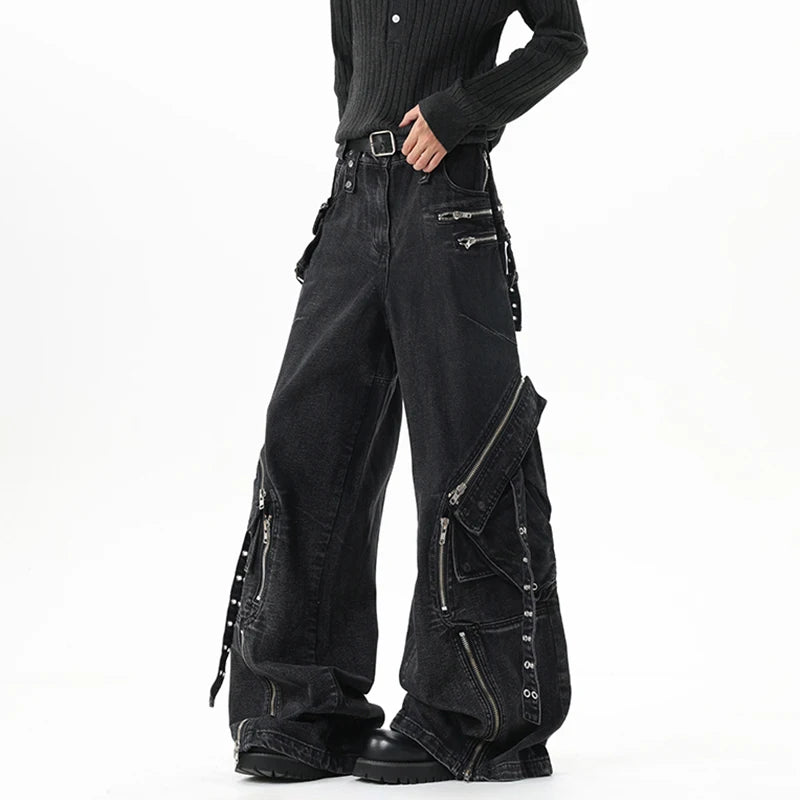 Men’s Multi Pocket Patchwork Jeans – Wide Leg Streetwear Denim Pants