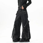 Men’s Multi Pocket Patchwork Jeans – Wide Leg Streetwear Denim Pants
