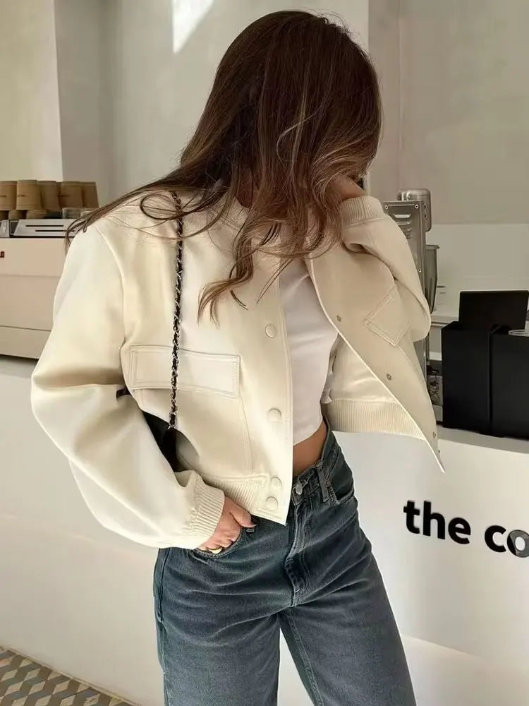 Women’s Vintage Button-Up Bomber Jacket – Long Sleeve Casual Outerwear