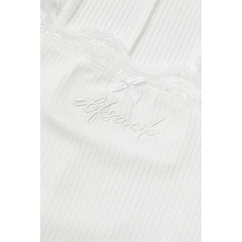 Elegant Lace Trim Ribbed Tank Top – Women’s Sleeveless White Cami