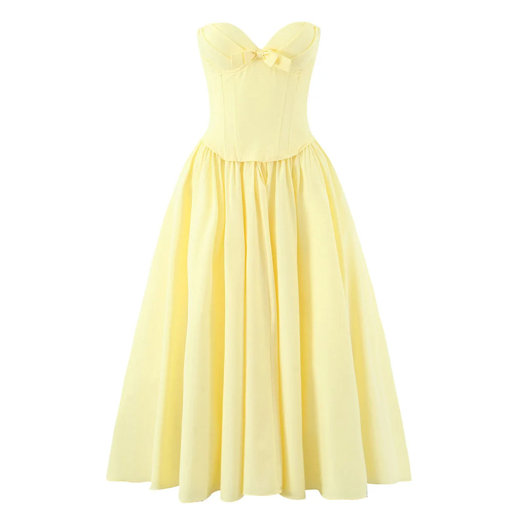 Yellow Tulle Corset Maxi Dress – Women’s Lace Up Evening Gown