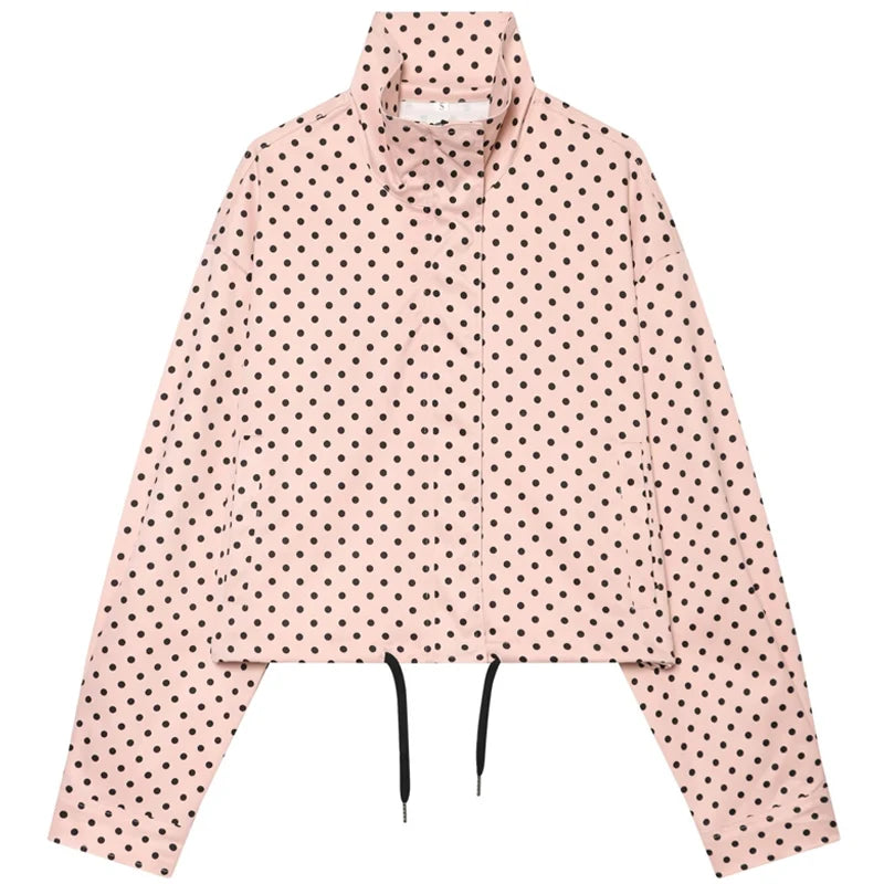 Polka Dot Bomber Jacket – Women’s Oversized Zip Up Outerwear