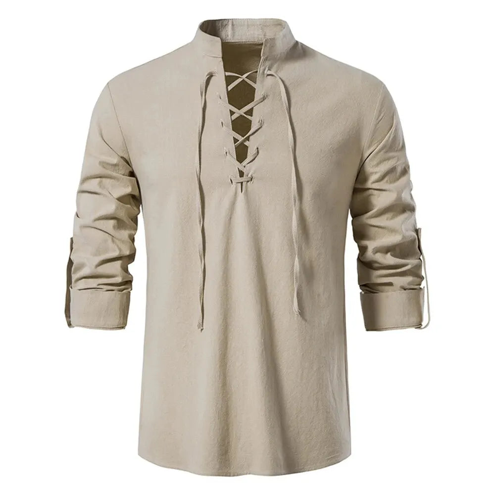Men’s Cotton Linen Drawstring Shirt – Vintage Long Sleeve Casual Top