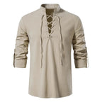 Men’s Cotton Linen Drawstring Shirt – Vintage Long Sleeve Casual Top