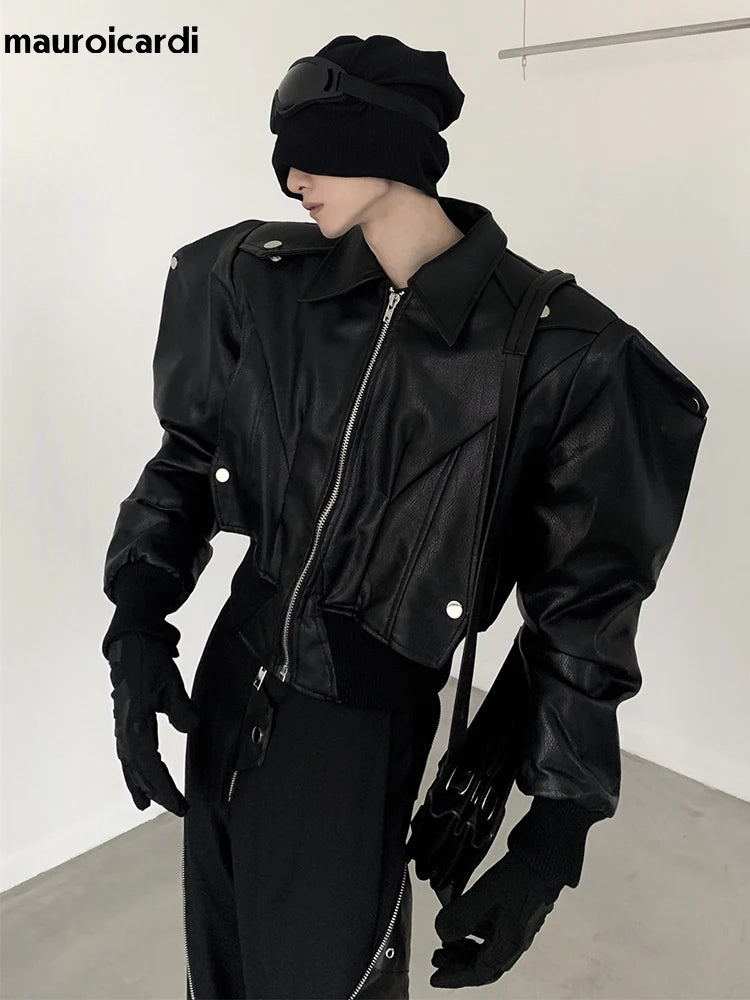 Men’s Oversized PU Leather Jacket – Black Shoulder Pad Zip-Up Coat