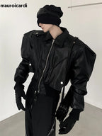 Men’s Oversized PU Leather Jacket – Black Shoulder Pad Zip-Up Coat