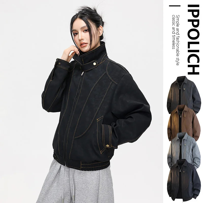Women’s Retro Seam Detail Jacket – Loose Fit Y2K Streetwear Coat