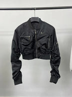Women’s Cropped Baseball Bomber Jacket – Black Zip-Up Spring Outerwear