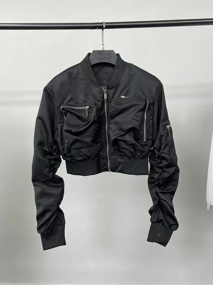 Women’s Cropped Baseball Bomber Jacket – Black Zip-Up Spring Outerwear