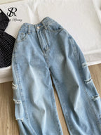 Women’s Distressed Wide Leg Jeans – Loose Fit Y2K Streetwear Denim Pants