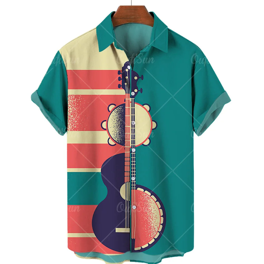 Men’s 3D Musical Note Print Shirt – Short Sleeve Open Front Casual Top