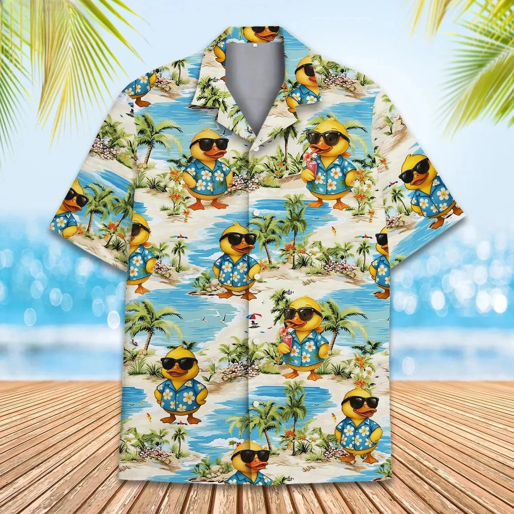 Men’s Neon Rubber Duck Hawaiian Shirt – Fun Printed Short Sleeve Button-Up