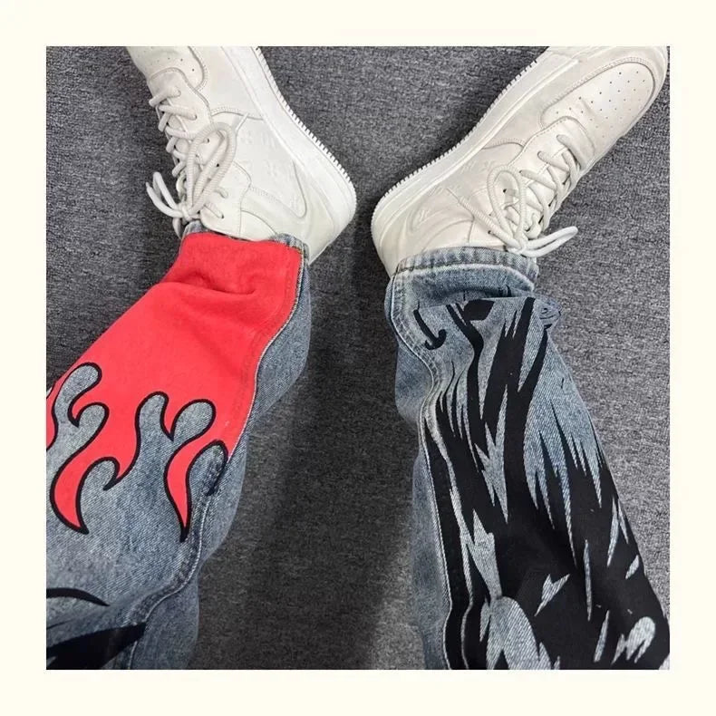 Men’s Flame Skull Print Jeans – Baggy Streetwear Denim Pants