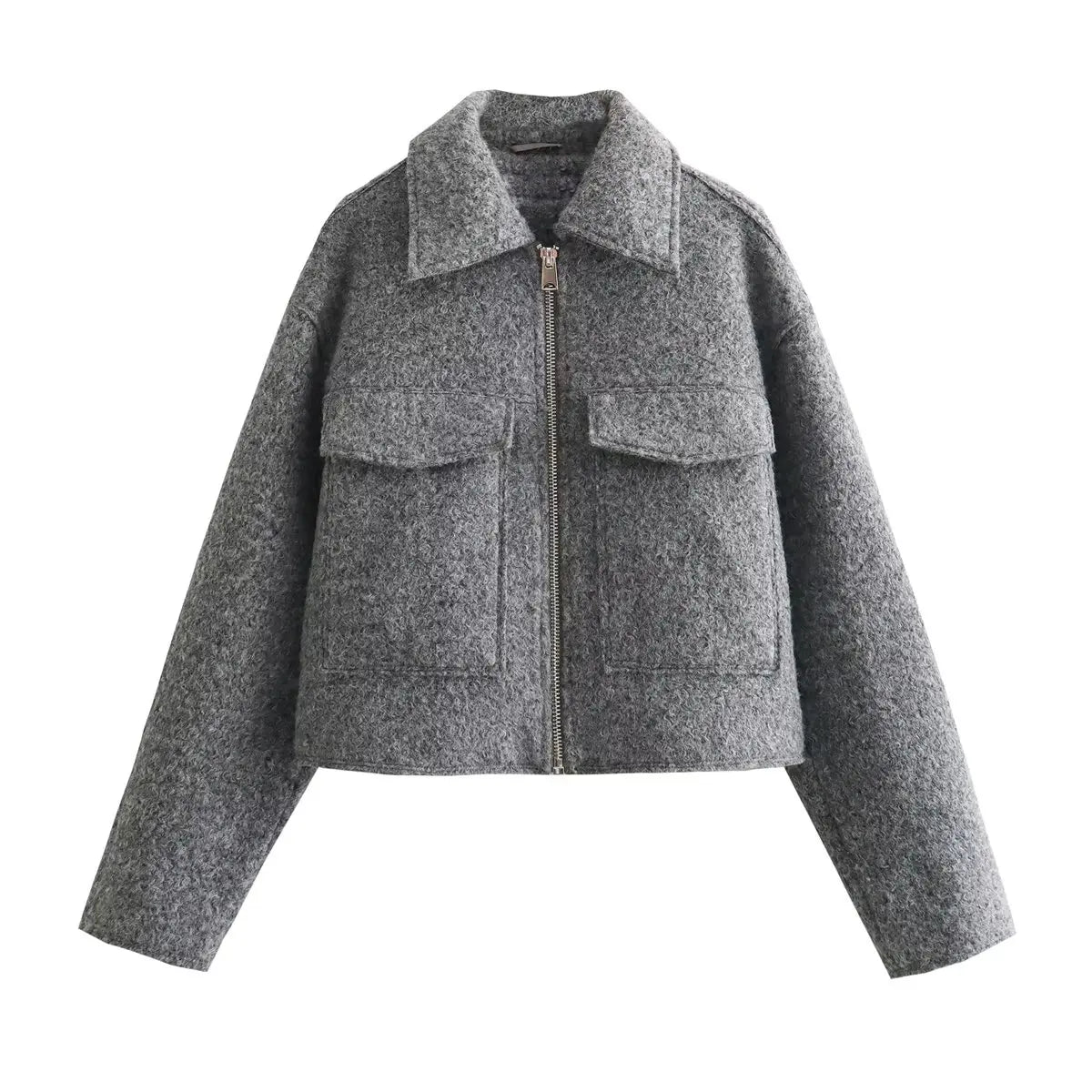 Women’s Tweed Cropped Bomber Jacket – Zip-Up Long Sleeve Outerwear