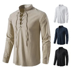 Men’s Cotton Linen Drawstring Shirt – Vintage Long Sleeve Casual Top