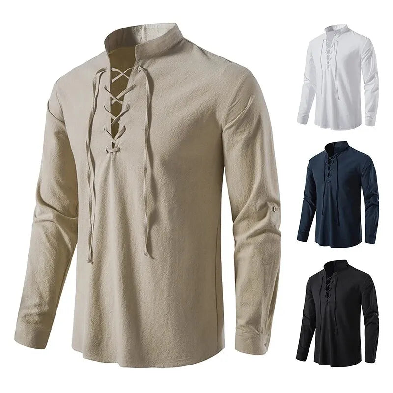 Men’s Cotton Linen Drawstring Shirt – Vintage Long Sleeve Casual Top