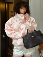 Women’s Satin Stand Collar Jacket – Loose Fit Drawstring Hem Coat
