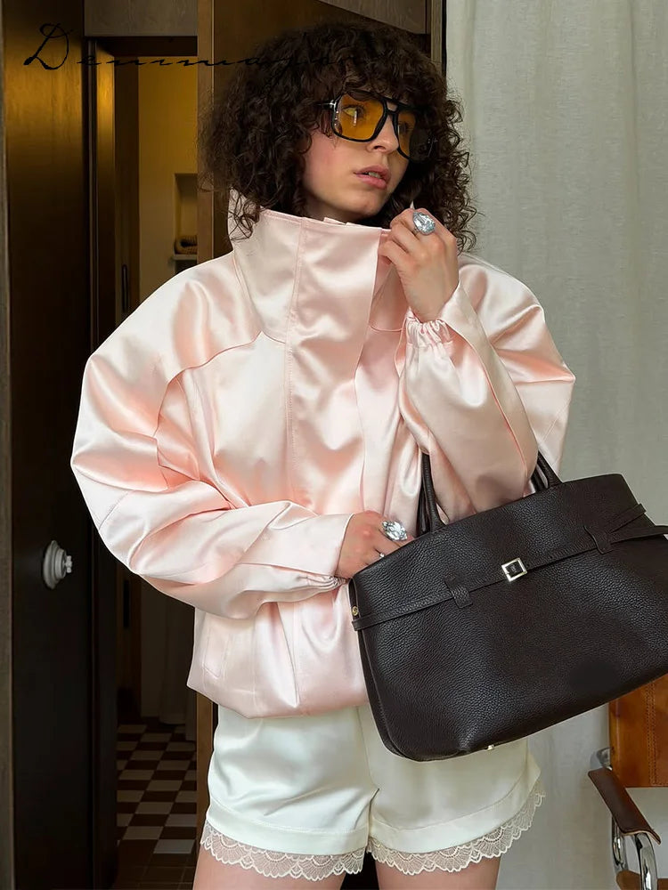 Women’s Satin Stand Collar Jacket – Loose Fit Drawstring Hem Coat