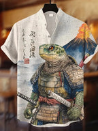 Men’s Linen Printed Shirt – Japanese Style Stand Collar Casual Top