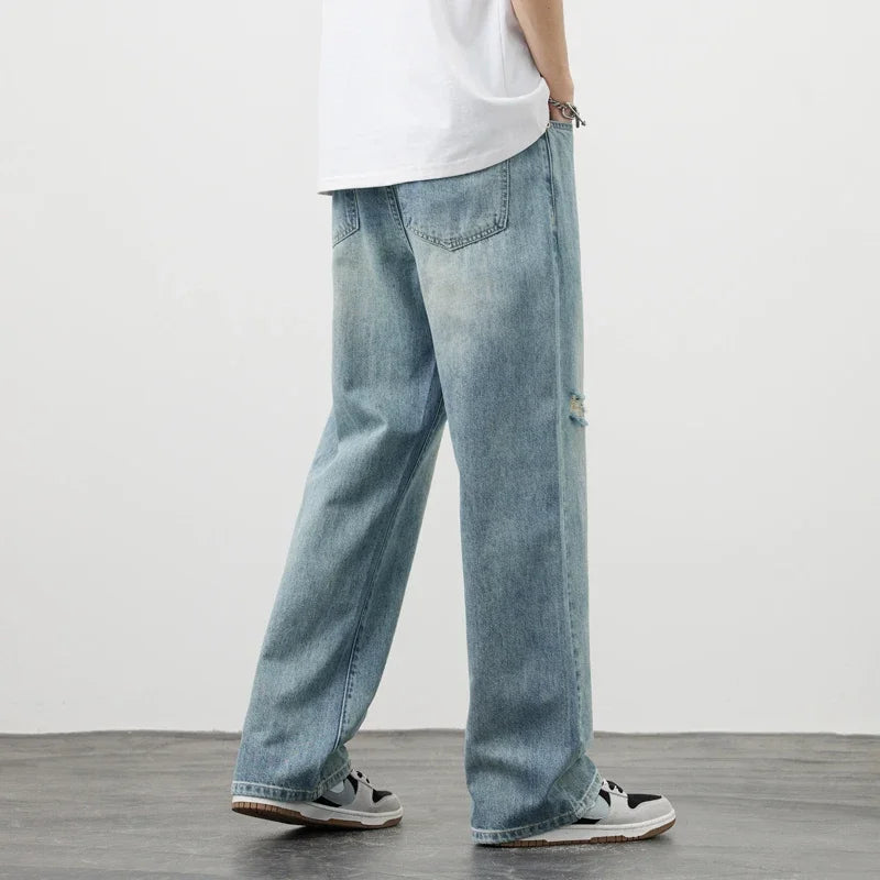 Men’s Vintage Ripped Baggy Jeans – Distressed Straight Leg Denim Pants