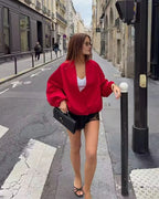 Women’s Red Pilot Jacket – Loose Fit Autumn Chic Outerwear