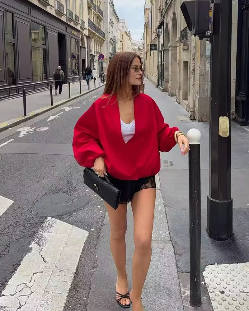 Women’s Red Pilot Jacket – Loose Fit Autumn Chic Outerwear