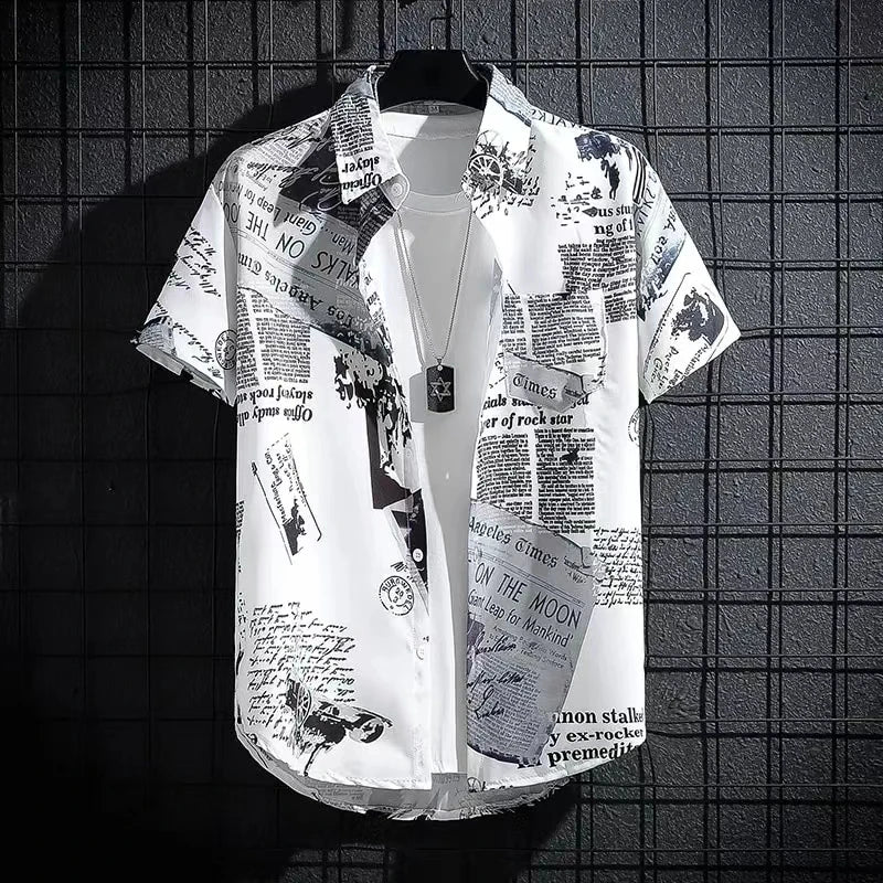 Men’s Cat Print Button-Up Shirt – Oversized Short Sleeve Summer Hawaiian Top