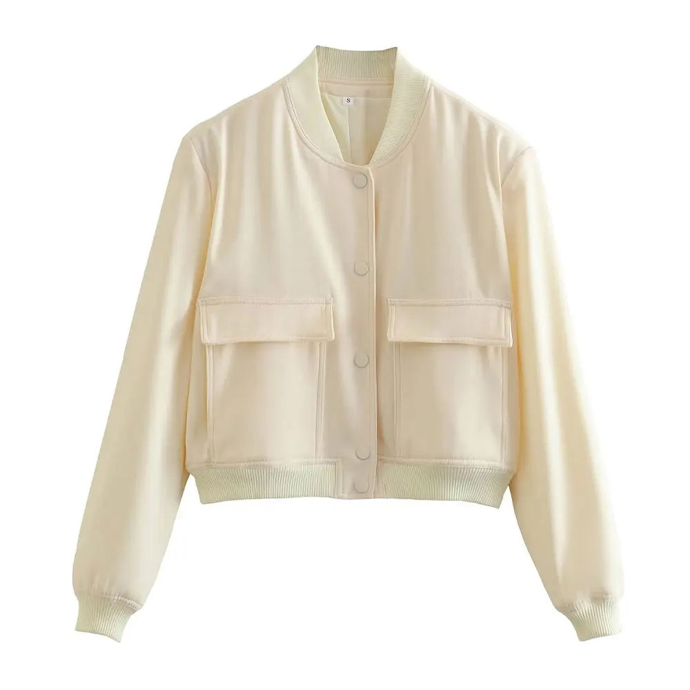 Women’s Vintage Button-Up Bomber Jacket – Long Sleeve Casual Outerwear