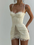 French Lace Halter Mini Dress – Women’s Slim Fit Satin Summer Dress