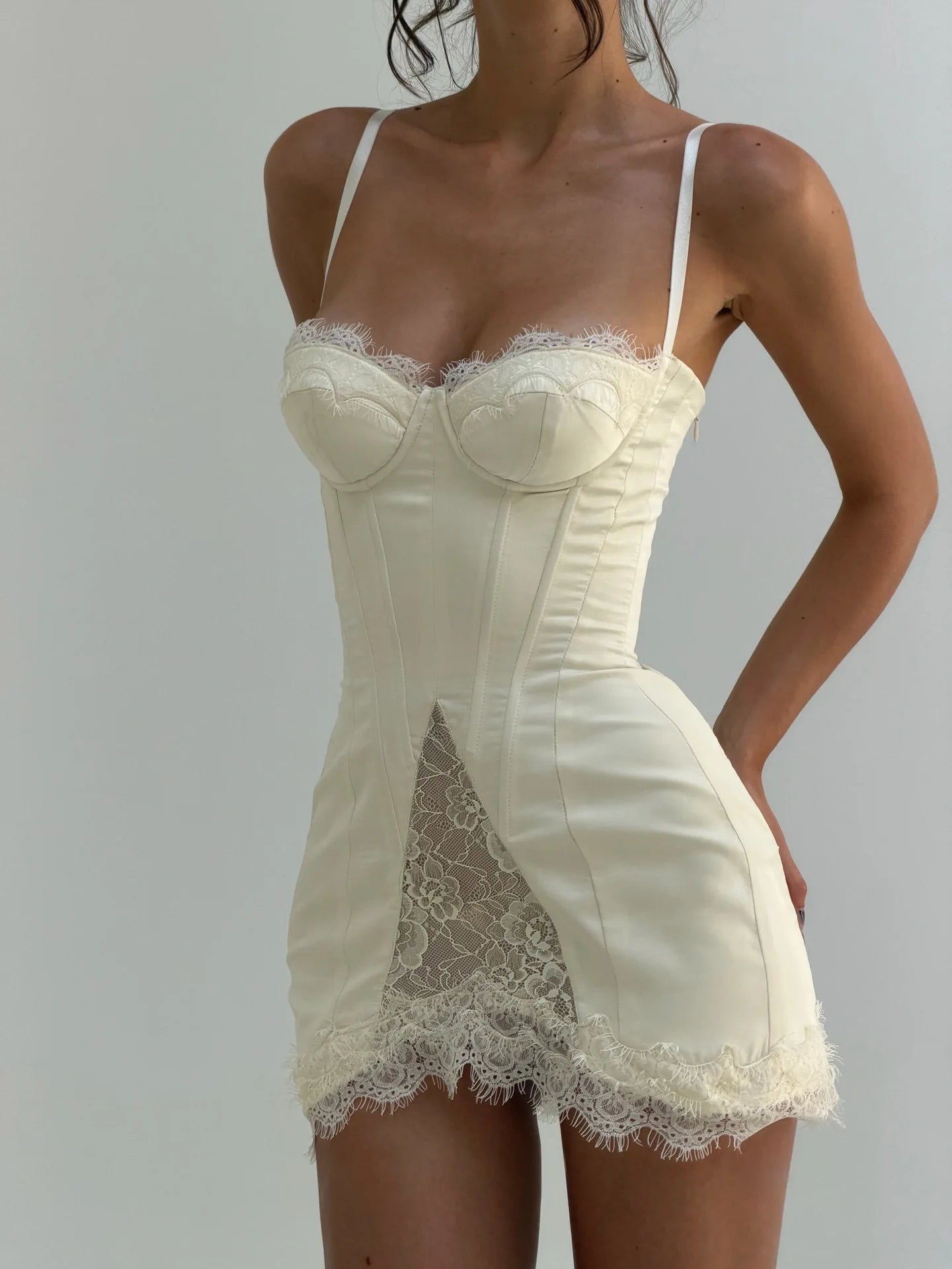 French Lace Halter Mini Dress – Women’s Slim Fit Satin Summer Dress