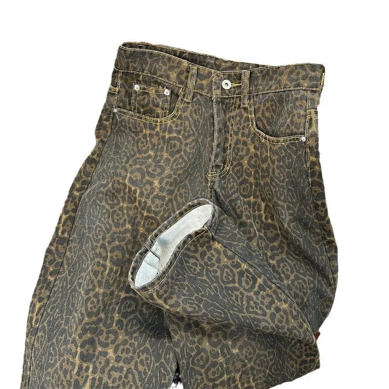 Men’s Leopard Wide Leg Jeans – Loose Straight Streetwear Denim Pants