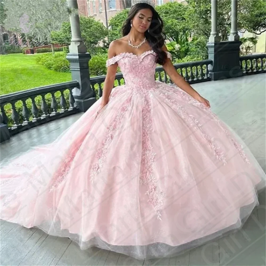 Pink Off Shoulder Tulle Princess Gown – Women’s Lace Formal Party Dress