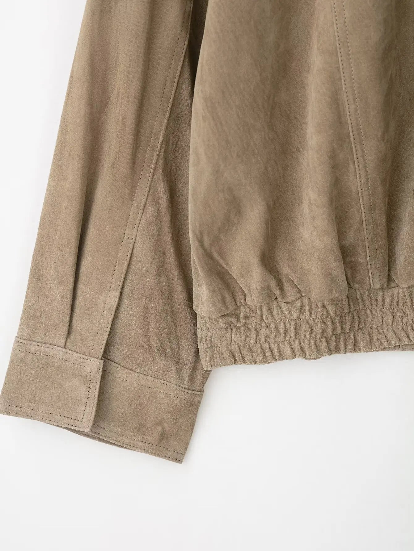 Women’s Suede Bomber Jacket – Loose Fit Long Sleeve Pocket Coat