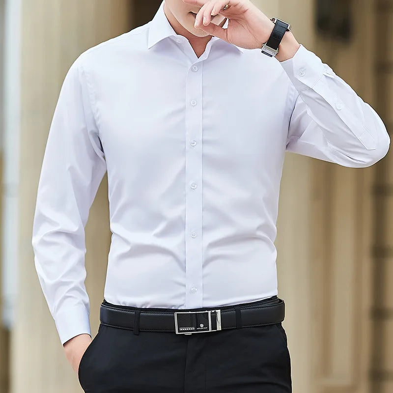 Men’s Plus Size Slim Fit Shirt – Classic White Long Sleeve Business Casual Top