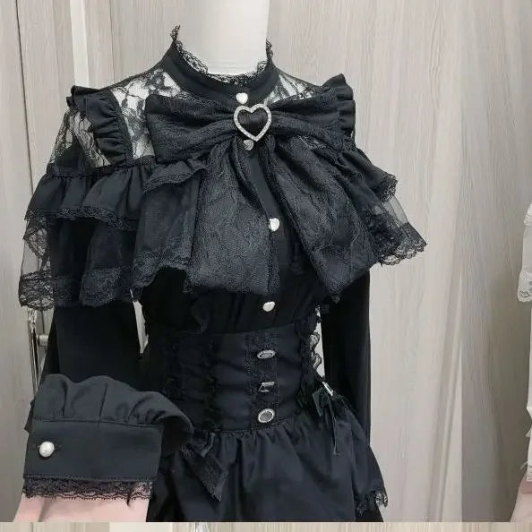 Lolita Bow Lace Blouse – Women’s Black & White Long Sleeve Shirt